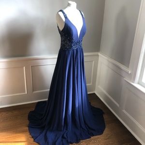 Faviana Beaded Chiffon Navy Dress 10102